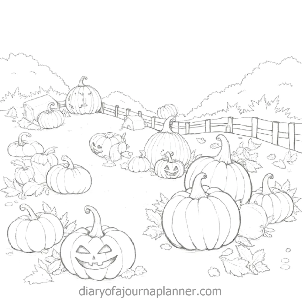 Pumpkin patch coloring page with carved jack-o'-lanterns and a rustic fence. Perfect for Halloween activities.