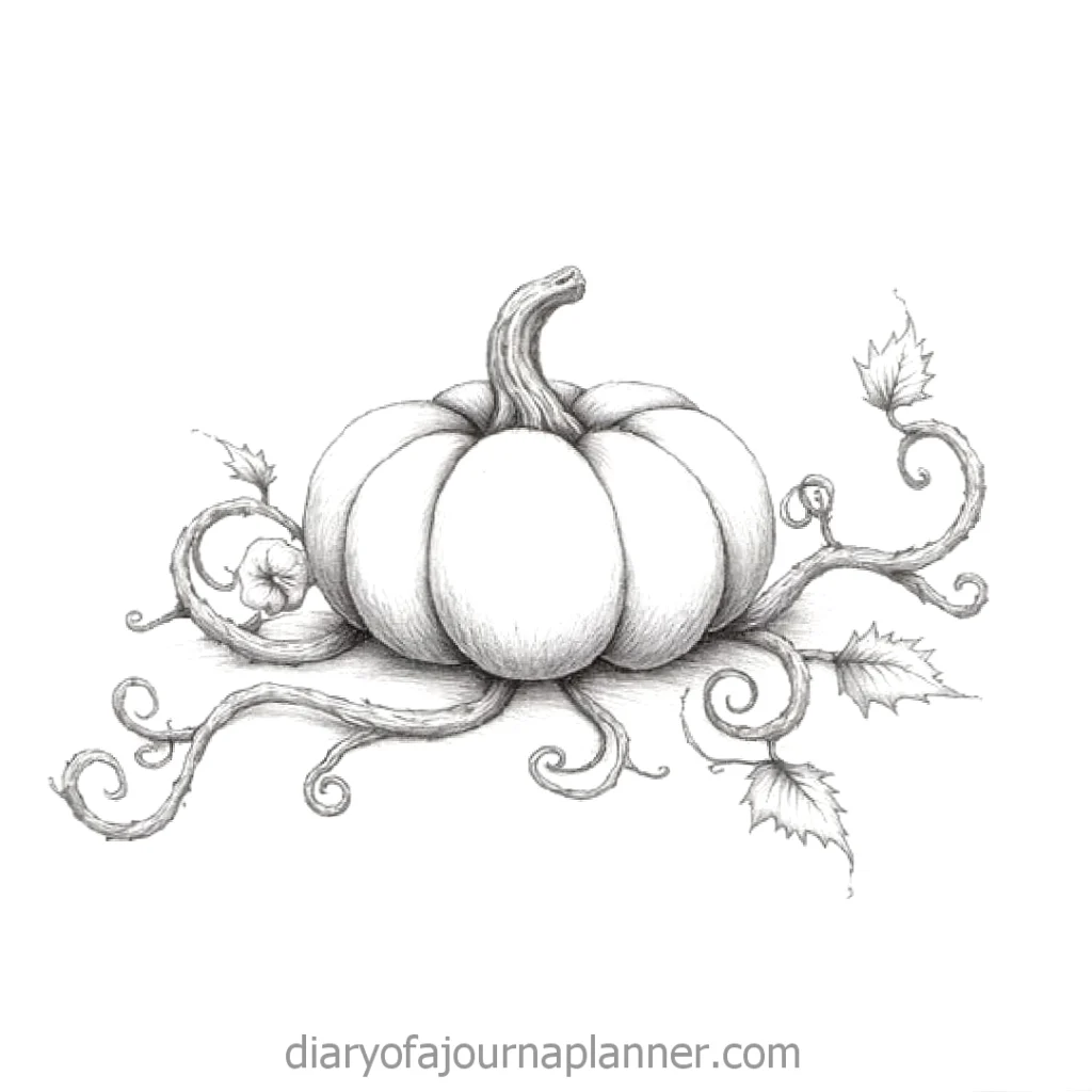 Intricate pencil sketch of a pumpkin with swirling vines and leaves, showcasing detailed art on a white background.