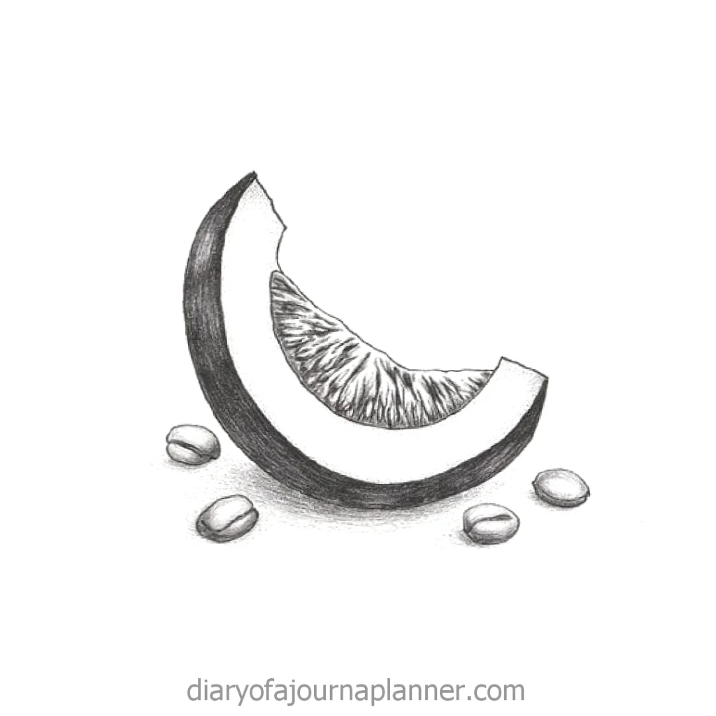 Hand-drawn melon slice with seeds, sketched in black and white. Timeless artistic representation of fruit.
