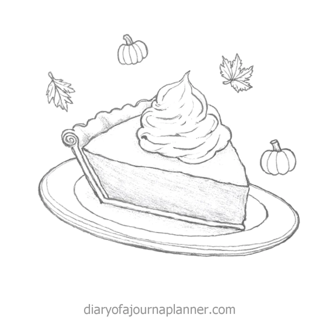 Illustration of a pumpkin pie slice with whipped cream, accompanied by leaves and pumpkins, on a plate.