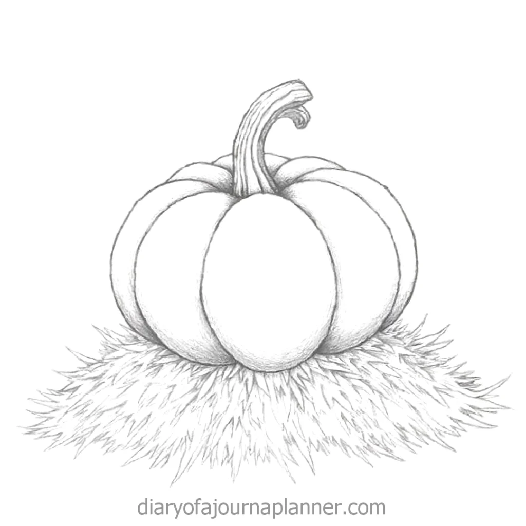 Pencil sketch of a pumpkin on straw, perfect for autumn and Thanksgiving themes.