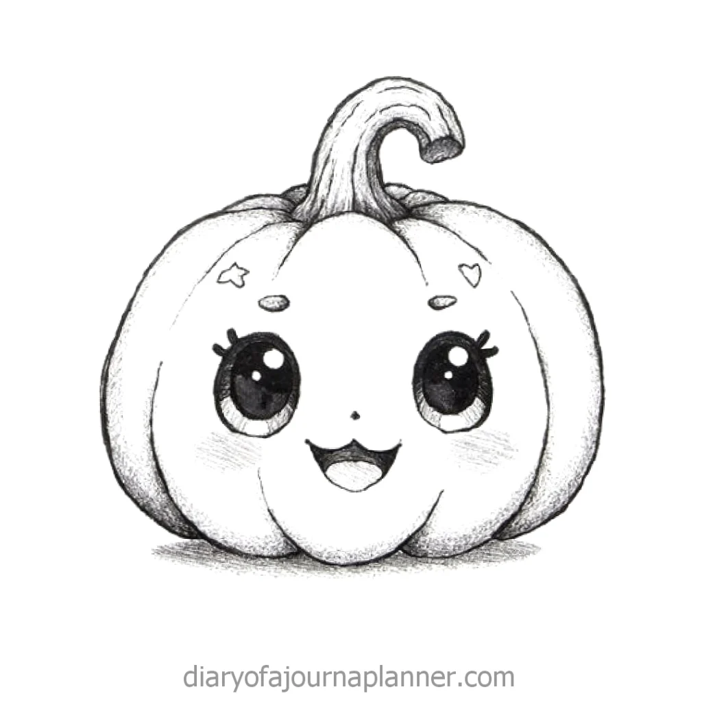 Adorable kawaii pumpkin sketch with big eyes, cute smile, and star and heart accents.