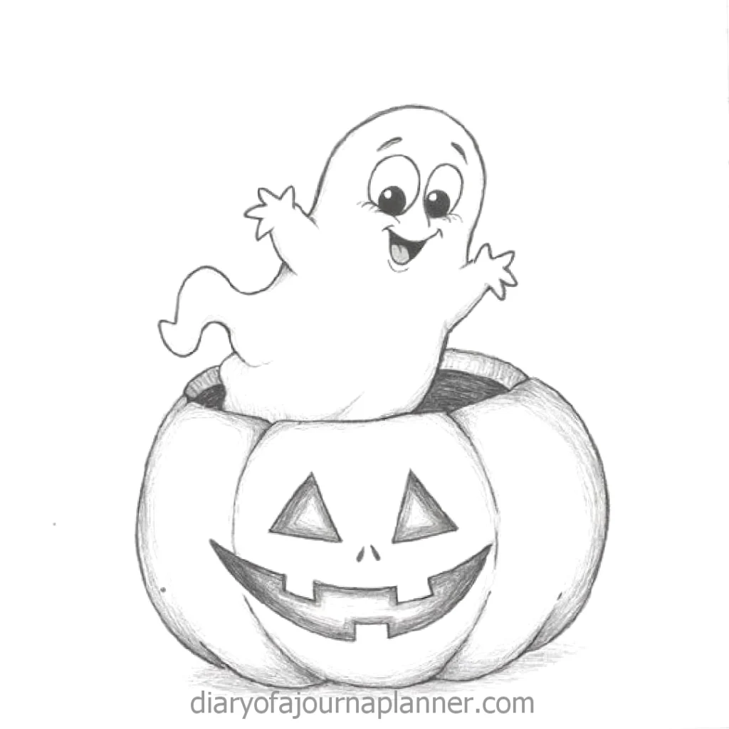 Cute ghost popping out of a carved pumpkin for Halloween, sketch illustration, joyful expression, festive holiday theme.