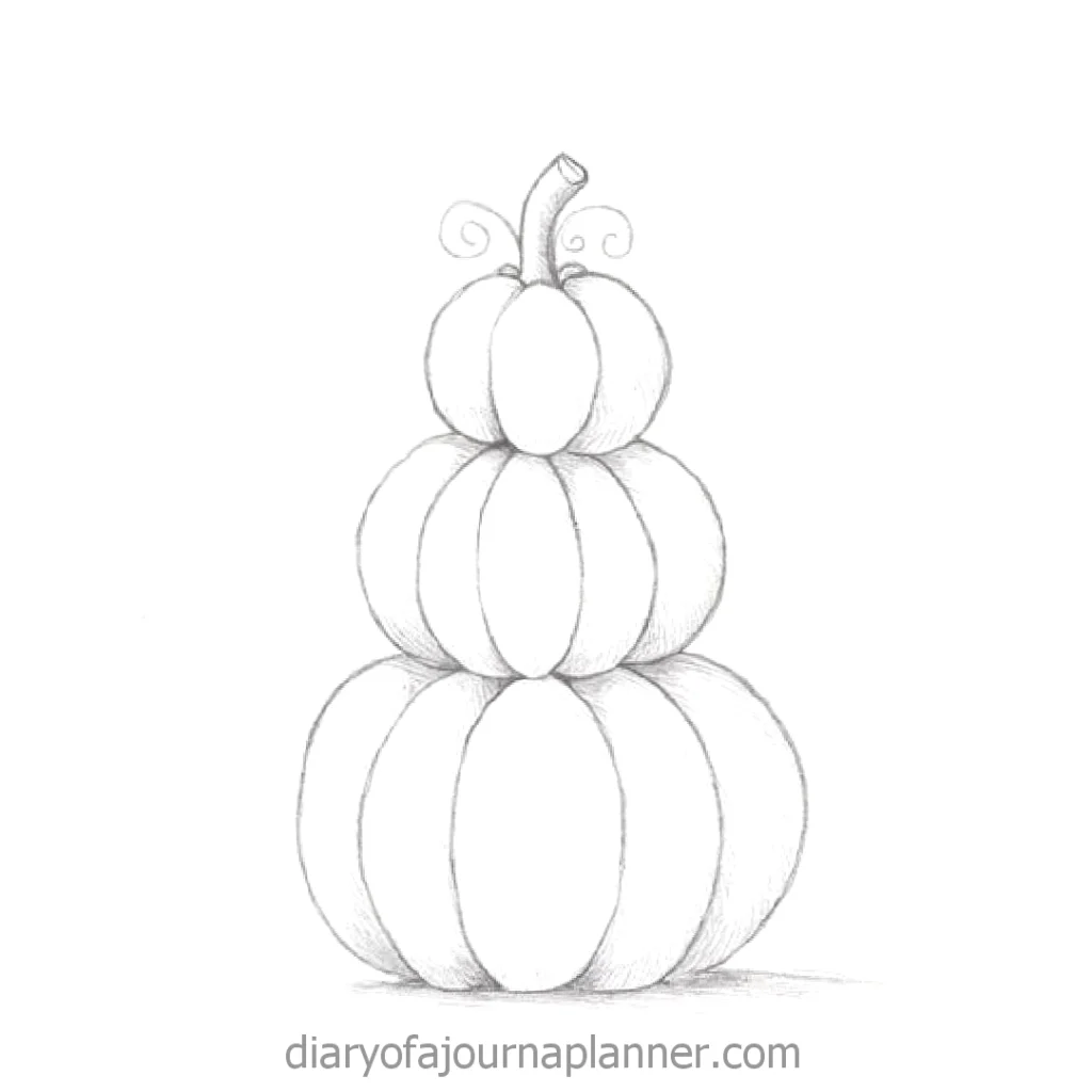 Stacked pumpkins pencil sketch, featuring artistic swirly vines, perfect for Halloween decoration ideas.
