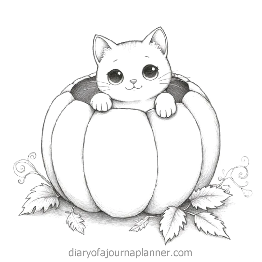Cute kitten peeking out of a pumpkin, surrounded by leaves and vines, in a detailed pencil sketch.