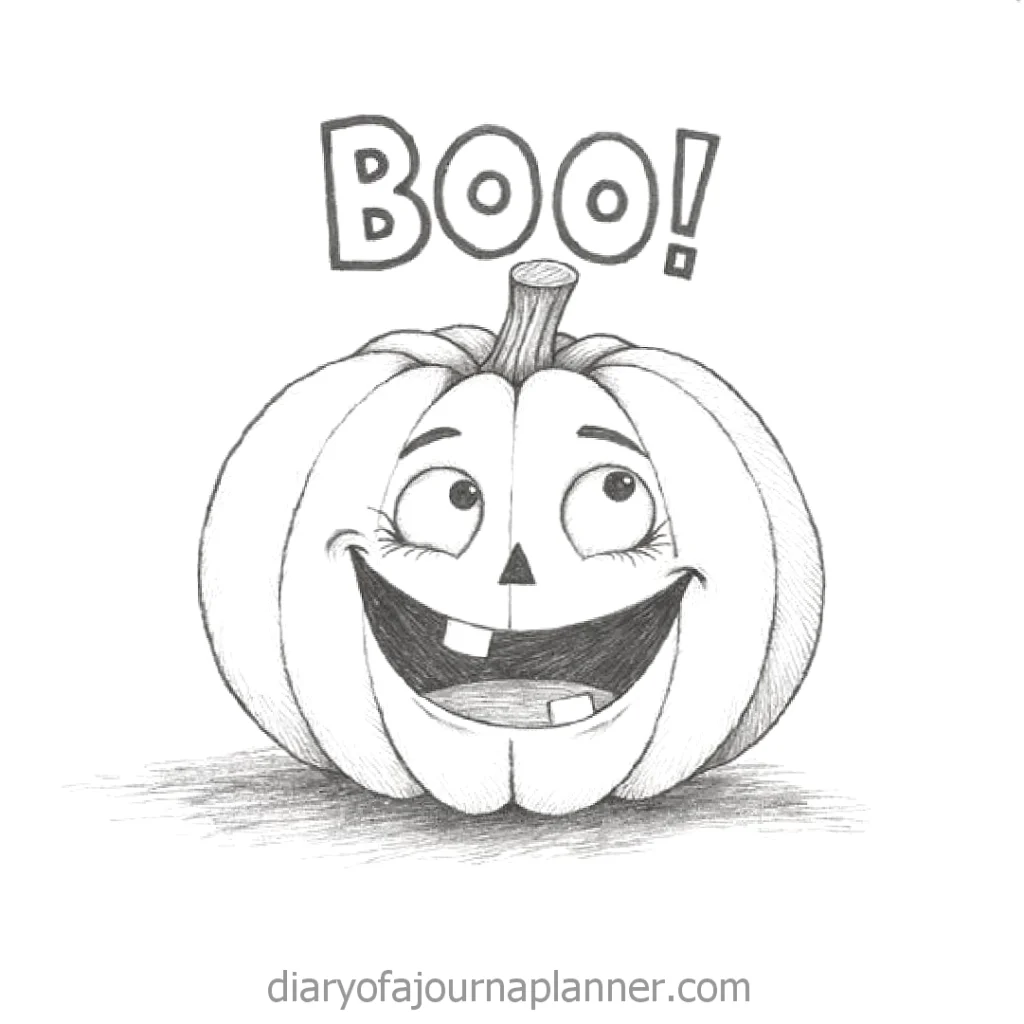 Sketched happy pumpkin with Boo! text above, smiling. Perfect Halloween decor or coloring page concept.