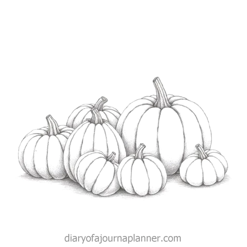 Illustration of seven pumpkins in varying sizes, arranged together on a white background.