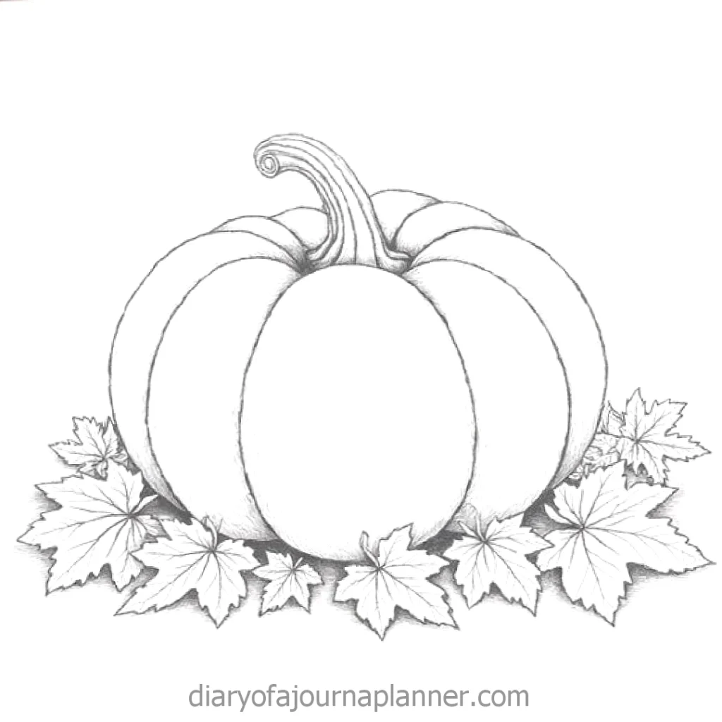 Black and white pumpkin sketch surrounded by autumn leaves.