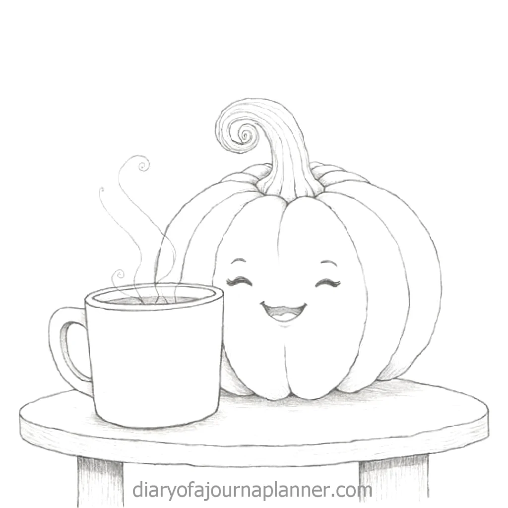 Smiling pumpkin with a hot coffee cup on a table, hand-drawn illustration.