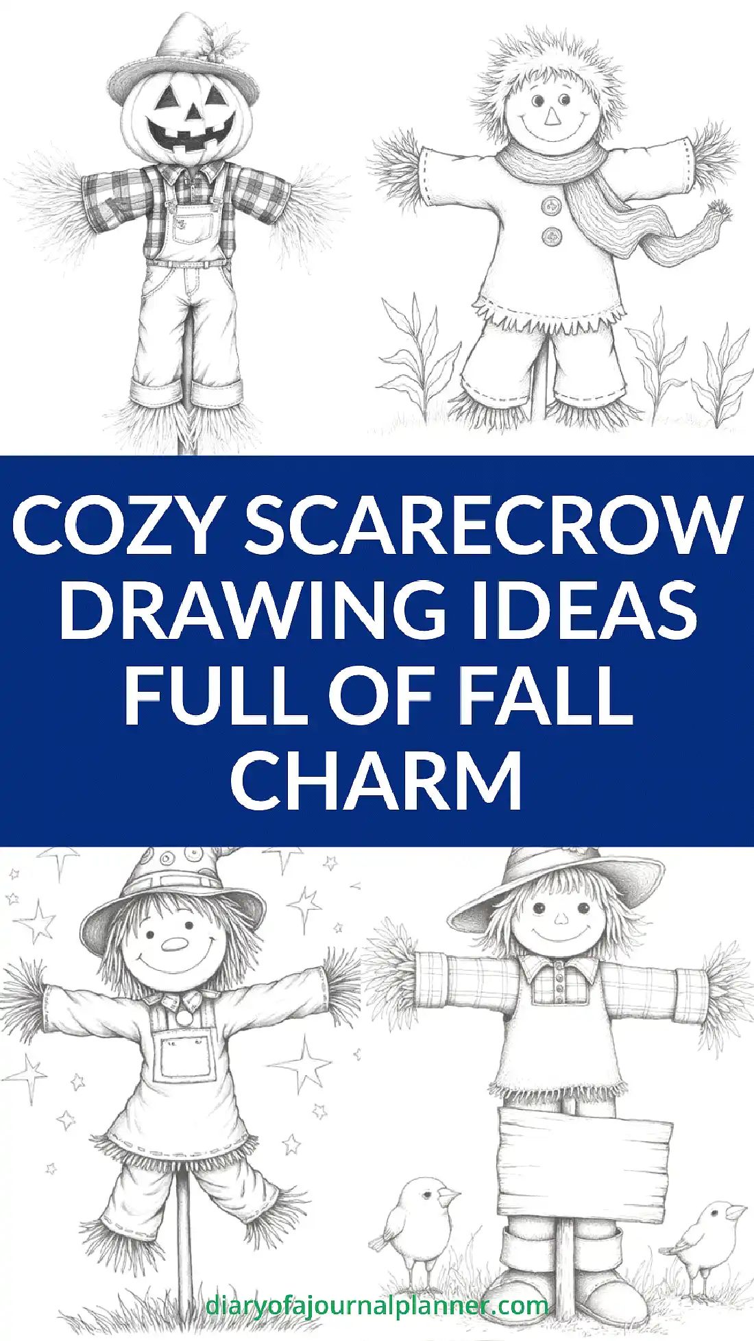 Cozy scarecrow drawing ideas for fall charm and creativity, perfect for seasonal art projects and decorations.
