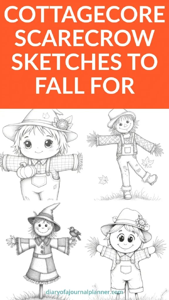 Cute cottagecore scarecrow sketches with hats and overalls, featuring pumpkins and birds. Perfect for fall inspiration.