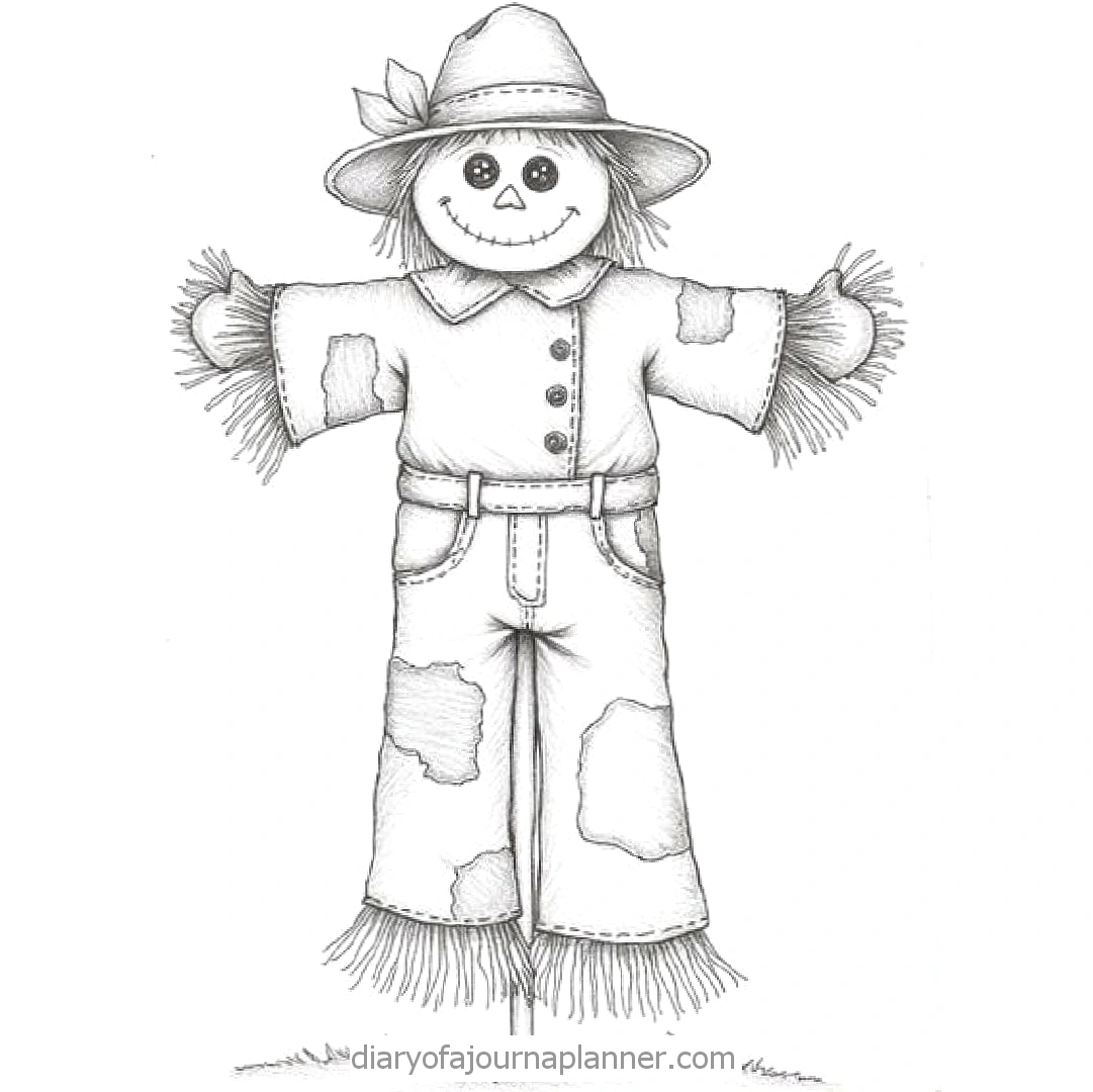 Illustrated scarecrow in patchwork clothes and hat, perfect for fall or Halloween decorations.