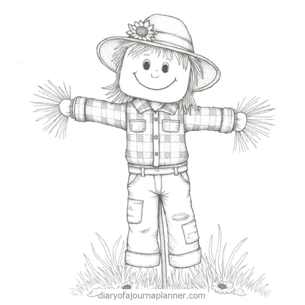 Cute scarecrow in a hat with a sunflower, wearing plaid shirt and jeans, standing on grass. Black and white drawing.