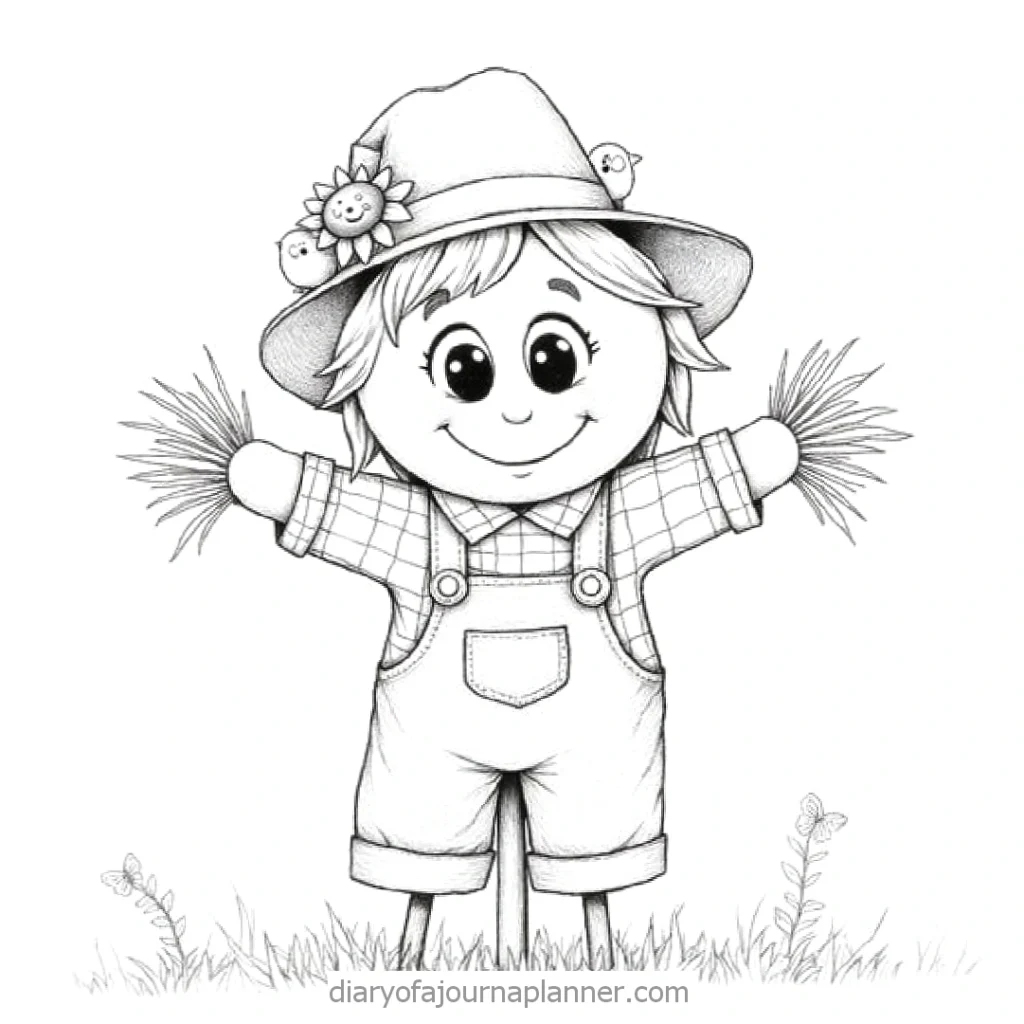 Cute scarecrow illustration with a smiling face, hat, and overalls in a grassy field. Perfect for kids' coloring pages.
