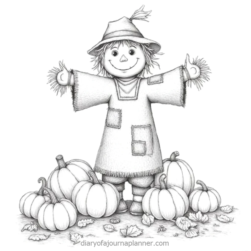 Cute scarecrow surrounded by pumpkins and autumn leaves, black and white illustration.