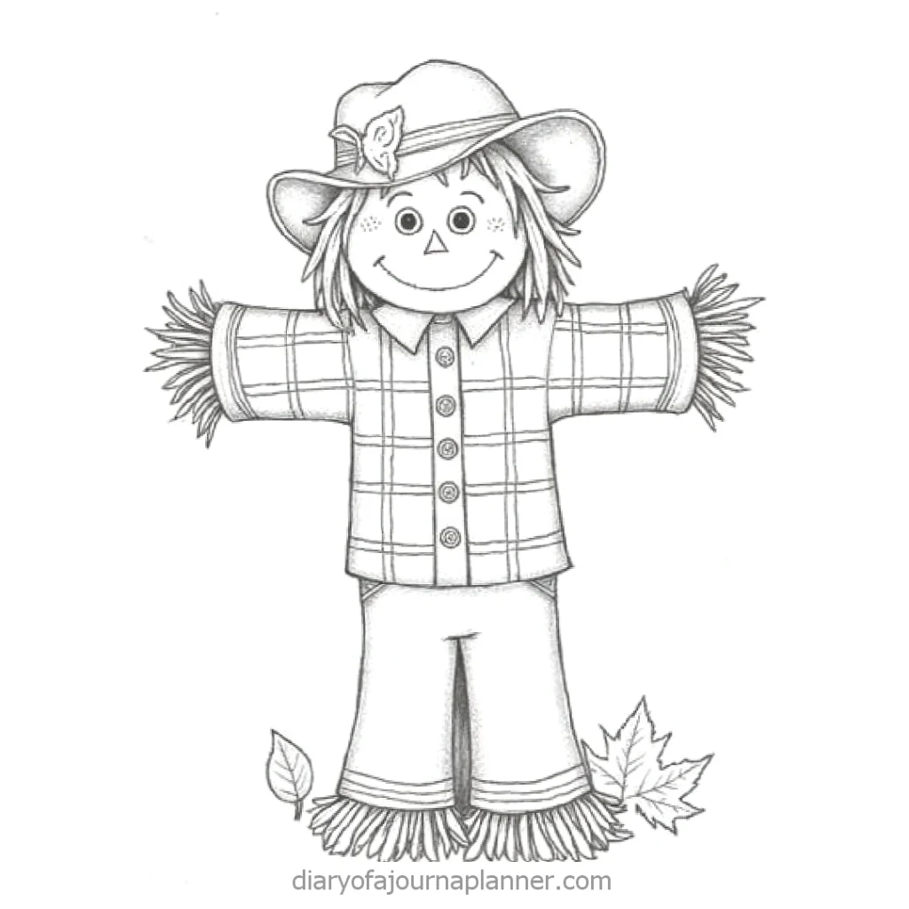 Cute scarecrow sketch with plaid shirt and hat, suitable for fall decoration or kids' coloring activities.