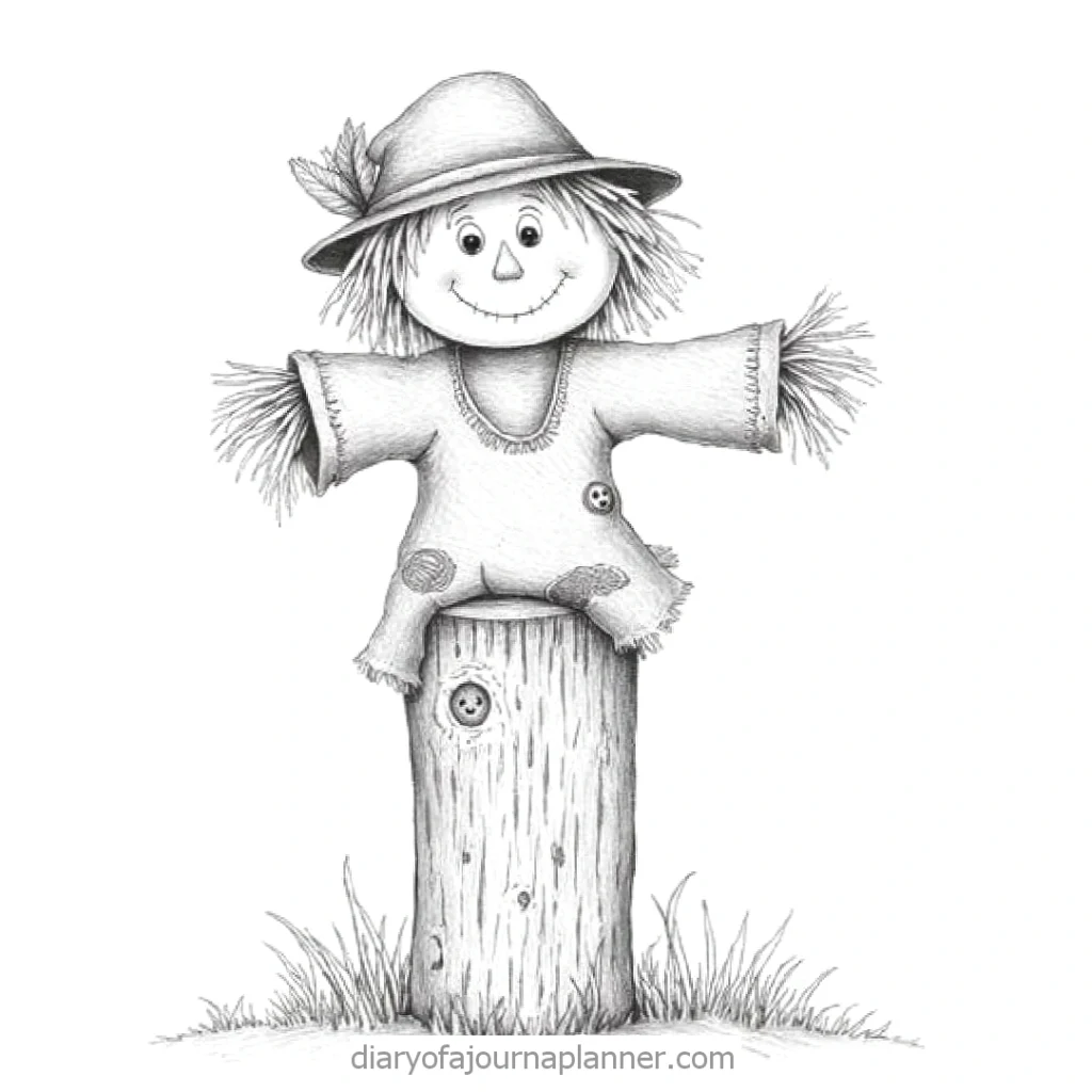 Cute hand-drawn scarecrow on a wooden post, wearing a hat, with grass at the base. Perfect for fall decorations.