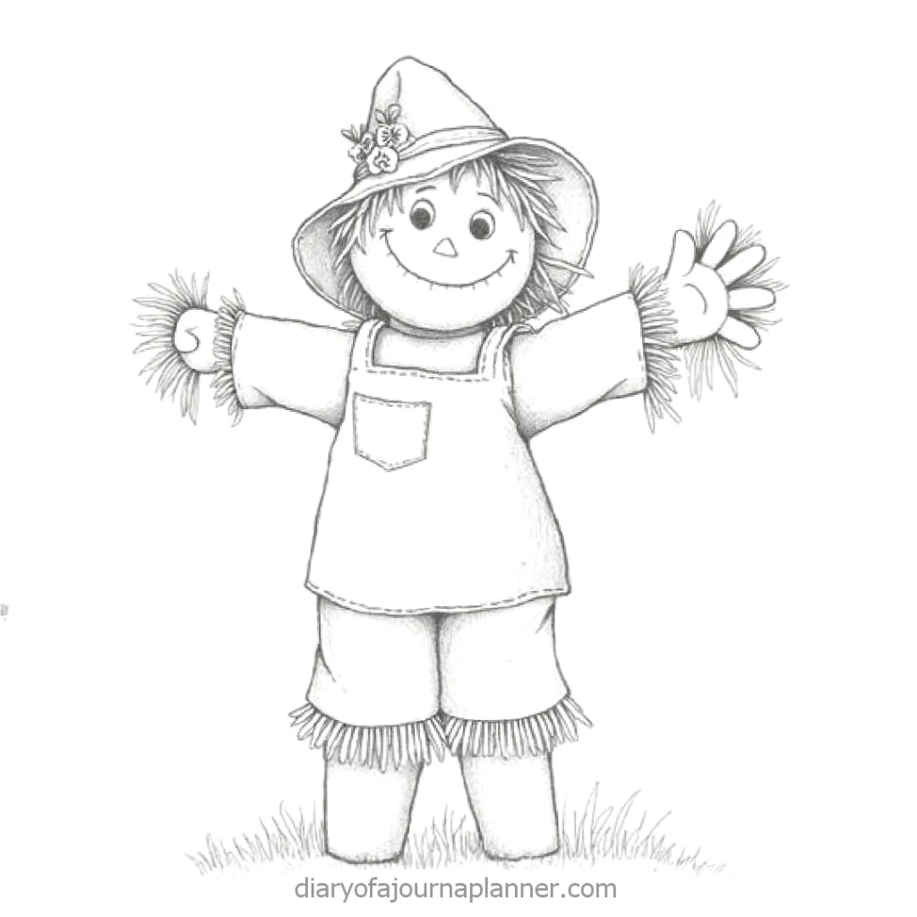Cute drawing of a smiling scarecrow with a hat, straw hair, and open arms, set in grass. Perfect for autumn themes.