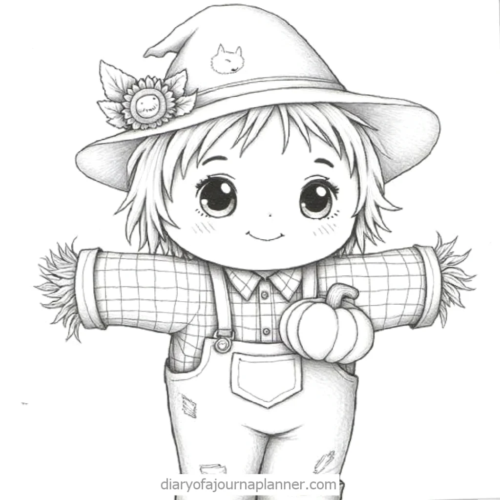 Cute scarecrow illustration with sunflower hat and pumpkin, perfect for autumn coloring pages.