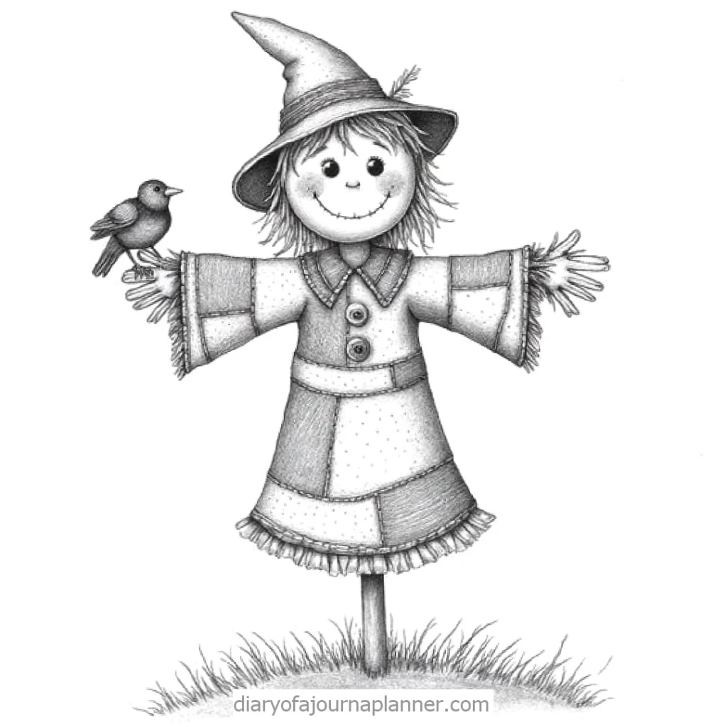 Cute scarecrow drawing with a bird perched on its arm, wearing a patchwork dress and hat, in a grassy field.