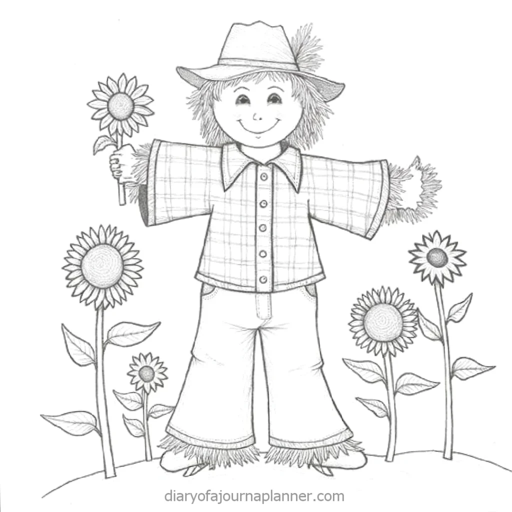 Cute scarecrow drawing with a sunflower and plaid shirt, surrounded by blooming sunflowers. Coloring page for kids.