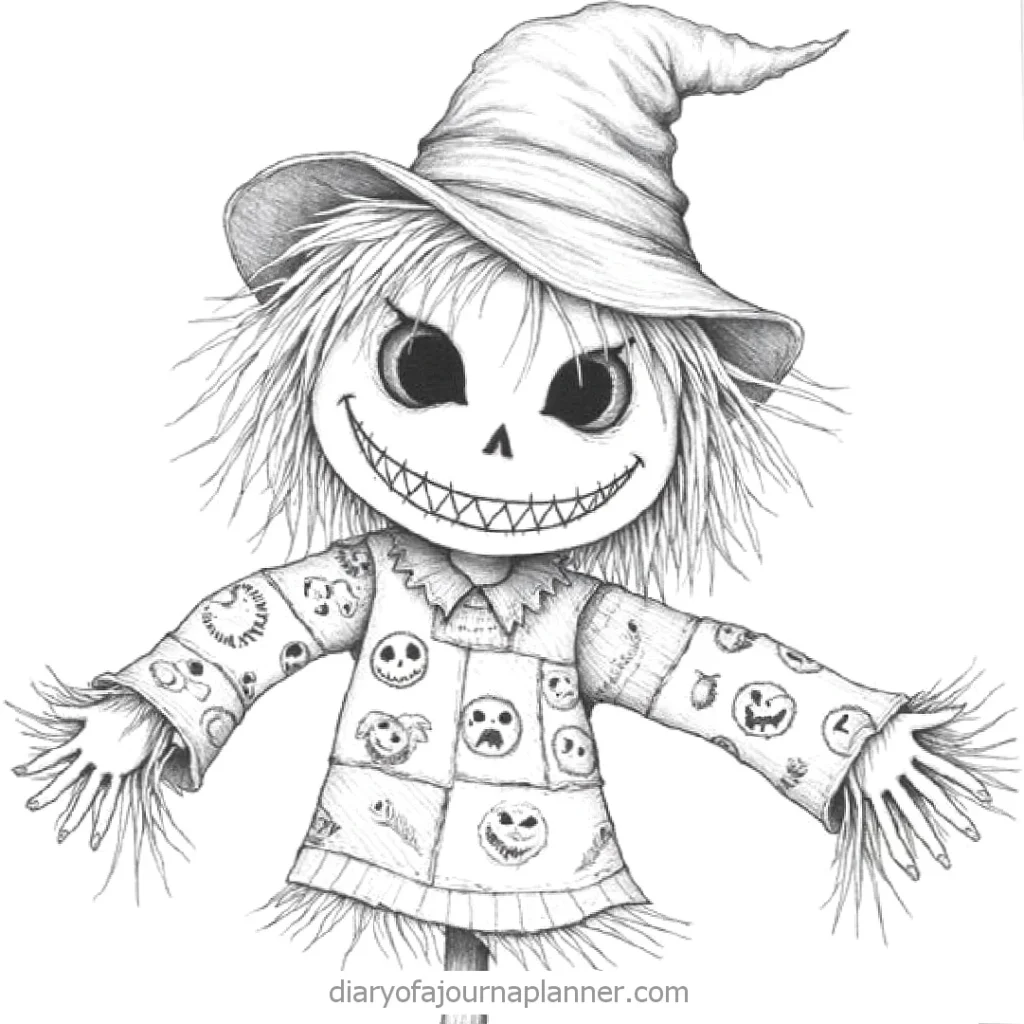 Creepy scarecrow sketch with large grin, stitched hat, and patchwork clothing, perfect for Halloween themes.