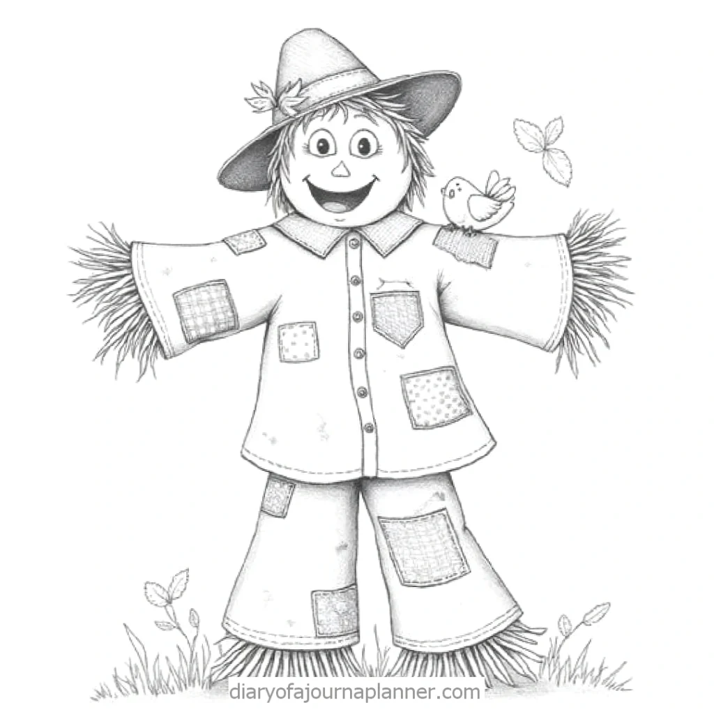 Happy scarecrow drawing with patches and a bird on shoulder, perfect for coloring and fall-themed crafts.
