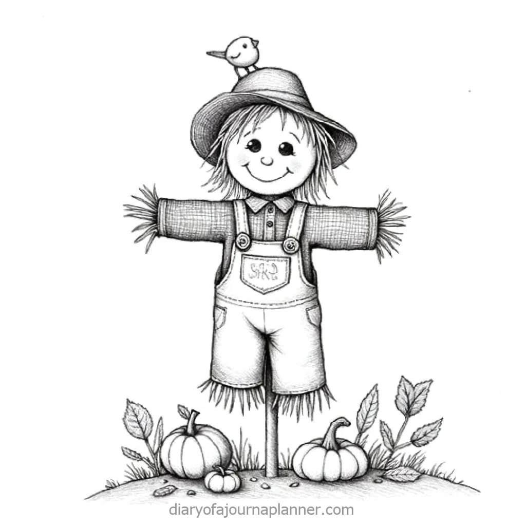Cute scarecrow with a bird on its hat, surrounded by pumpkins and leaves. Black and white illustration.