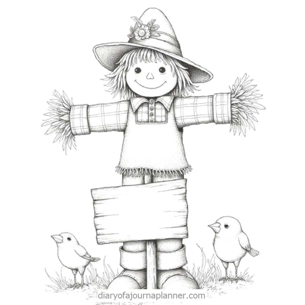 Cartoon scarecrow with birds and blank sign, perfect for coloring and creative autumn or harvest-themed projects.