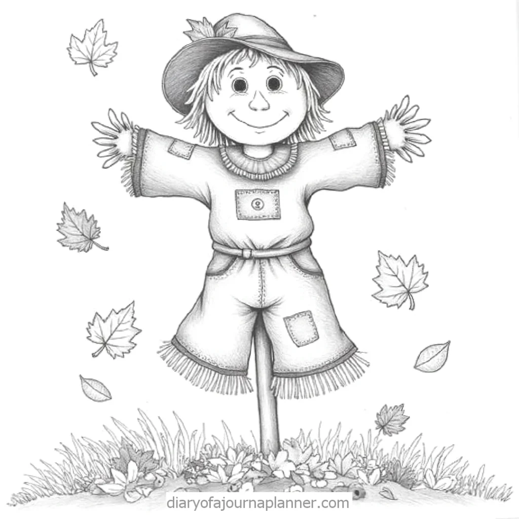 Cute scarecrow sketch with a smile, straw hat, and falling leaves; perfect for autumn-themed projects.