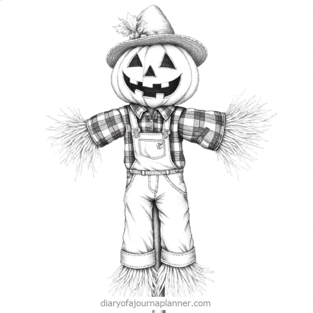 Festive scarecrow with pumpkin head, plaid shirt, overalls, and hat, perfect for Halloween decoration.