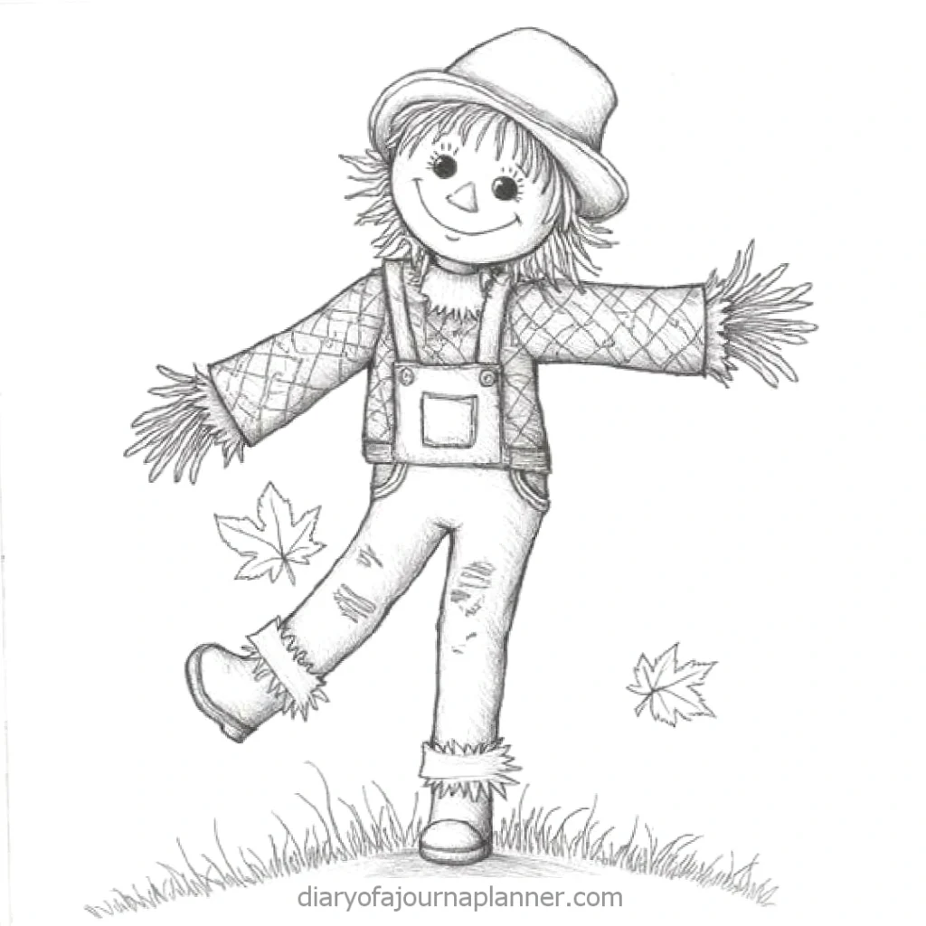 Cute scarecrow drawing with a hat, waving arms, and autumn leaves. Childlike design perfect for fall-themed crafts.
