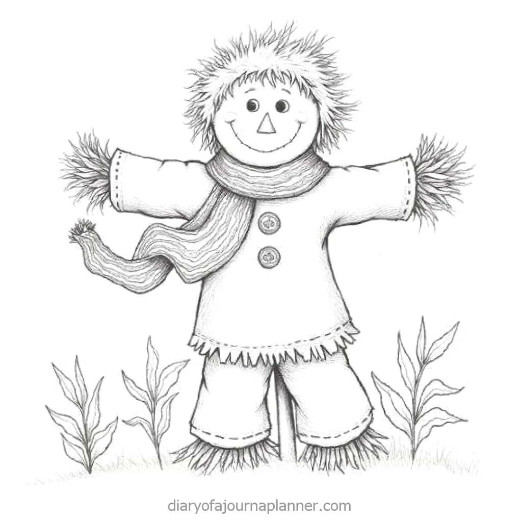 Cheerful scarecrow illustration with a scarf and button-up outfit amidst plants.