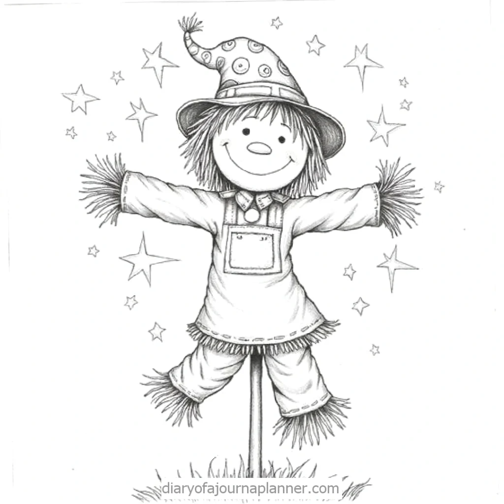 Cheerful scarecrow drawing in a wizard hat surrounded by stars, ideal for kids' coloring activities.