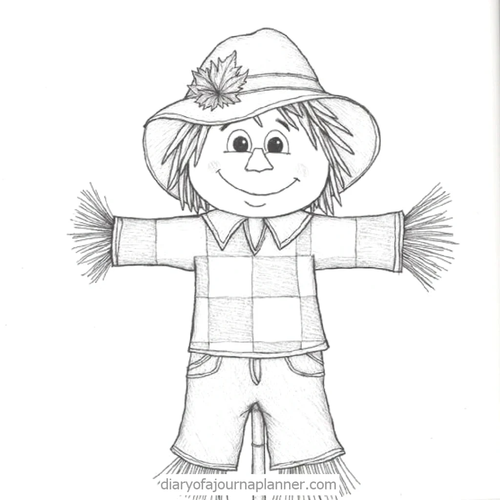 Black and white sketch of a smiling scarecrow wearing a hat, patchwork shirt, and shorts with straw details.