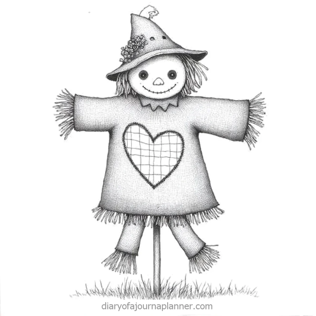 Cute scarecrow illustration with a heart patch on a grassy field, perfect for autumn decoration or craft inspiration.