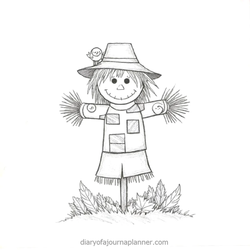 Hand-drawn scarecrow illustration with a happy face and a small bird on its hat standing in a field.