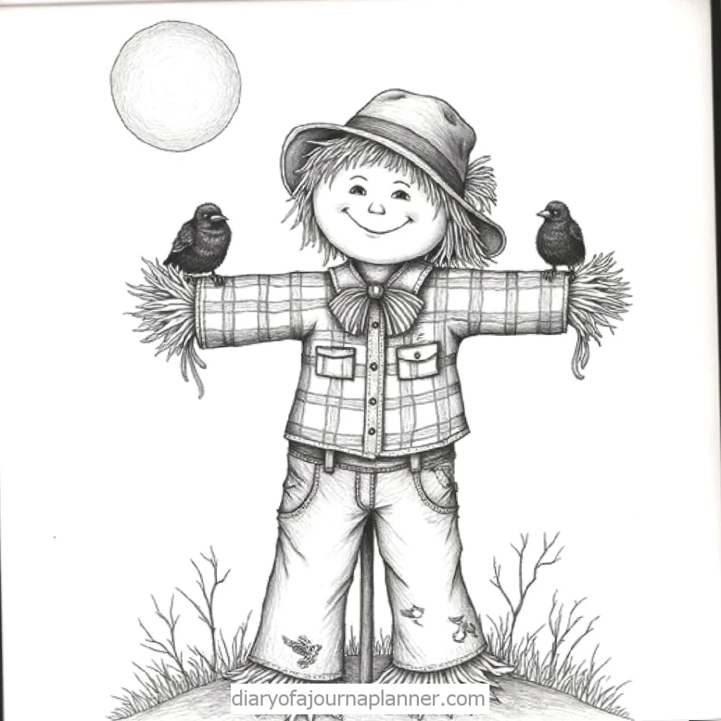 Whimsical scarecrow illustration with birds, wearing a hat and plaid shirt under a sunlit sky.