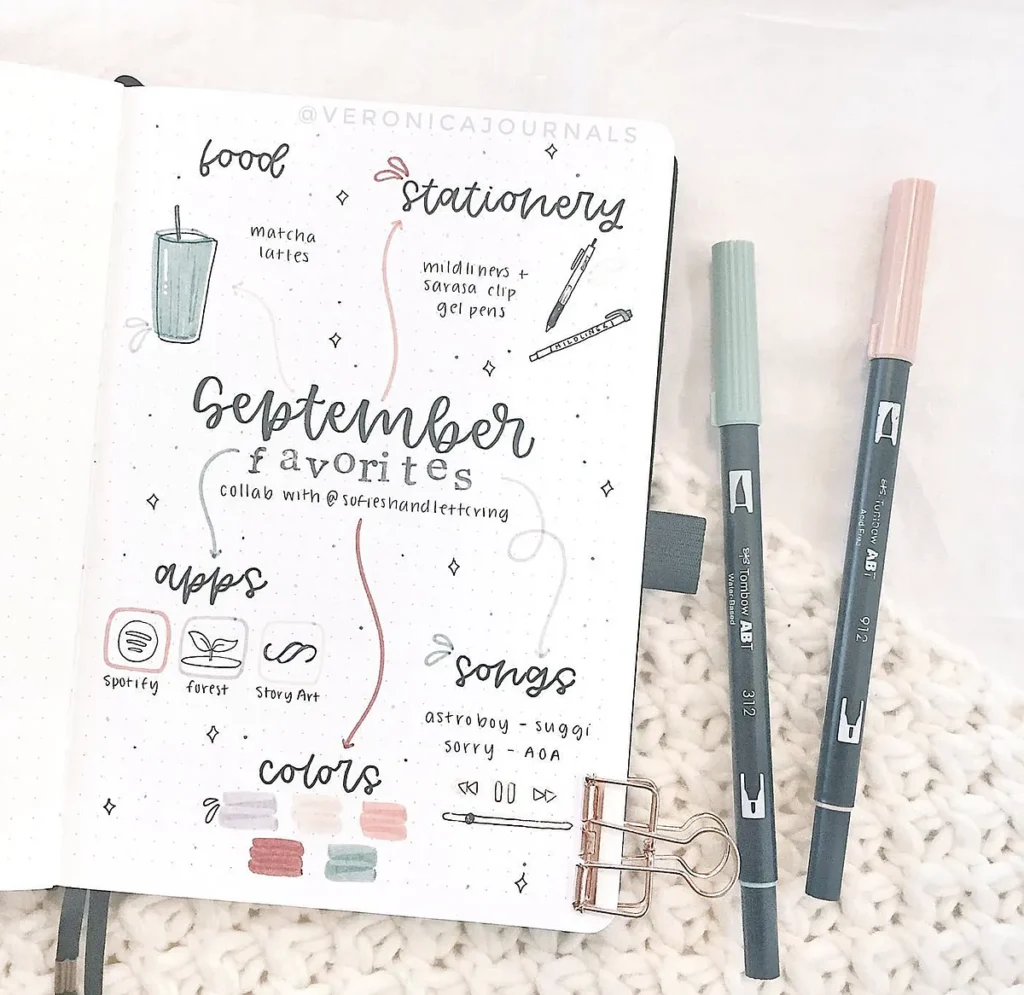 Bullet journal page with September favorites: stationery, apps, songs, colors. Pens and cozy white background included.