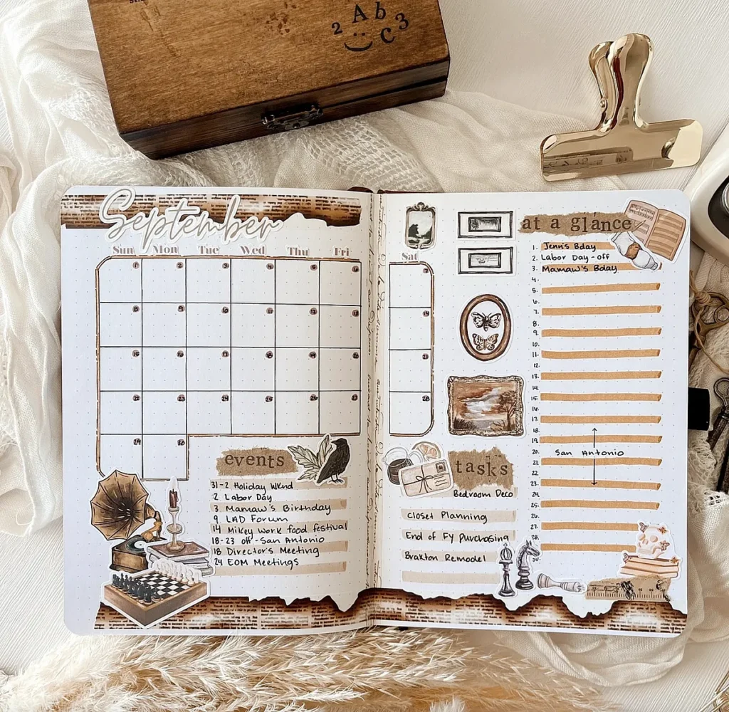 Vintage-style bullet journal spread for September with calendar, tasks, and events, featuring rustic and retro elements.