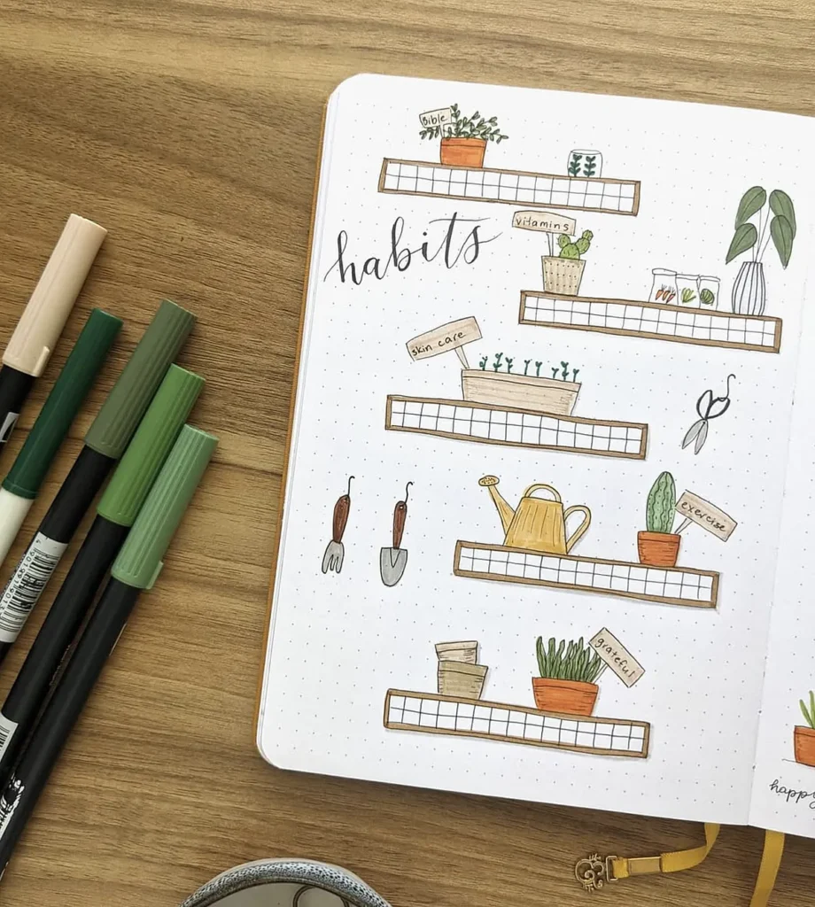 Bullet journal page with habit tracker on a wooden desk. Includes plants, watering can, and green markers.