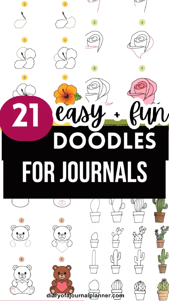 Guide to 21 Easy and Fun Journal Doodles: Flowers, Bears, and Cacti Art for Creative Journaling.