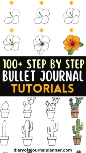 Step-by-step bullet journal tutorial for drawing flowers and cacti. Perfect for creative journal enthusiasts.