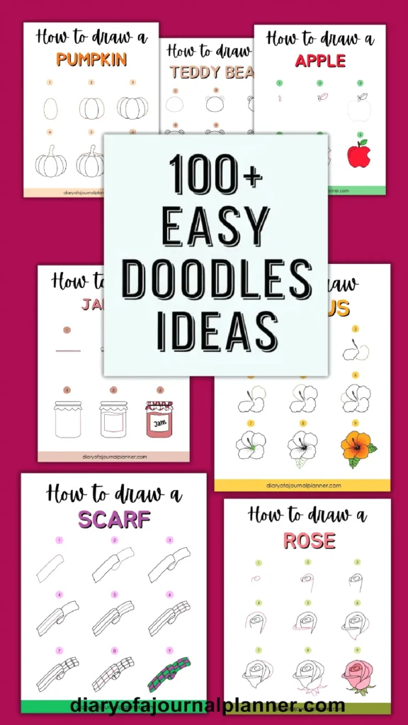 Step-by-step easy doodle guides including pumpkin, apple, and rose from diaryofajournalplanner.com.