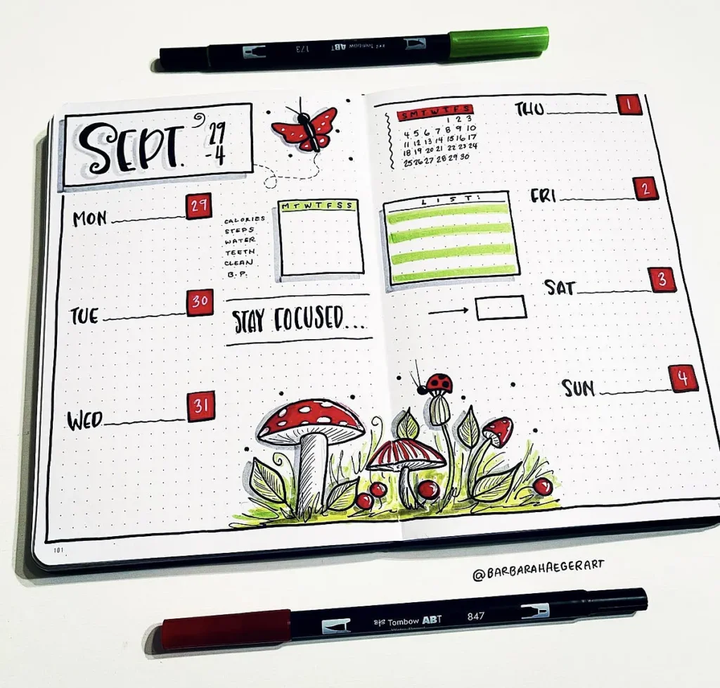 Bullet journal for September week, decorated with mushrooms, butterflies, ladybugs, and markers.