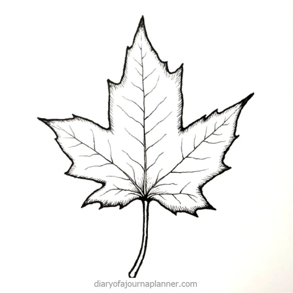 Black and white illustration of a maple leaf with detailed veins and jagged edges on a white background.