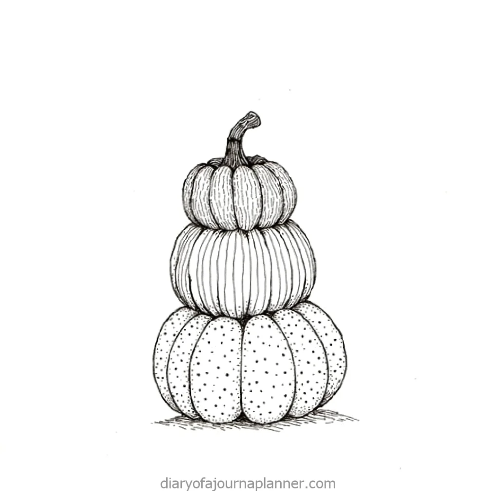 Stacked pumpkins black and white illustration, perfect for autumn and Halloween-themed decor and crafts.