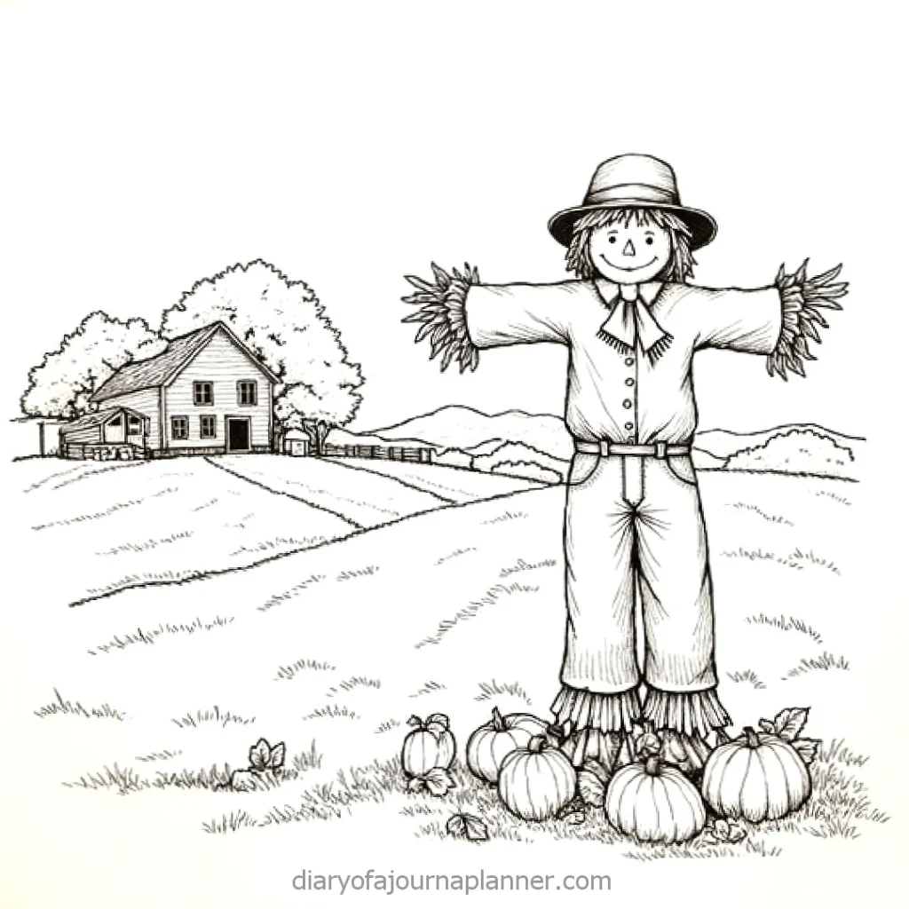 Scarecrow in a field with pumpkins in front of a farmhouse. Black and white autumn scene.