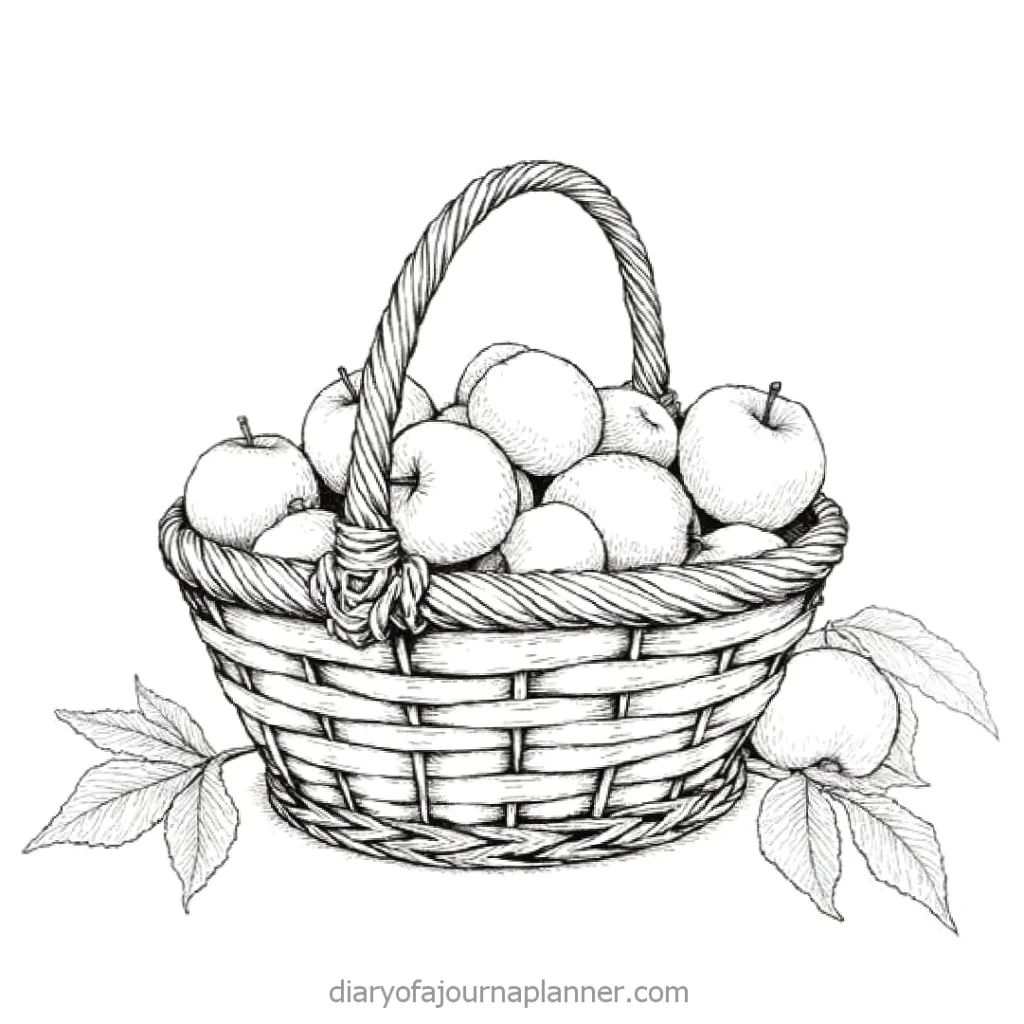 Illustration of a wicker basket filled with apples and leaves. Perfect for harvest or natural produce themes.