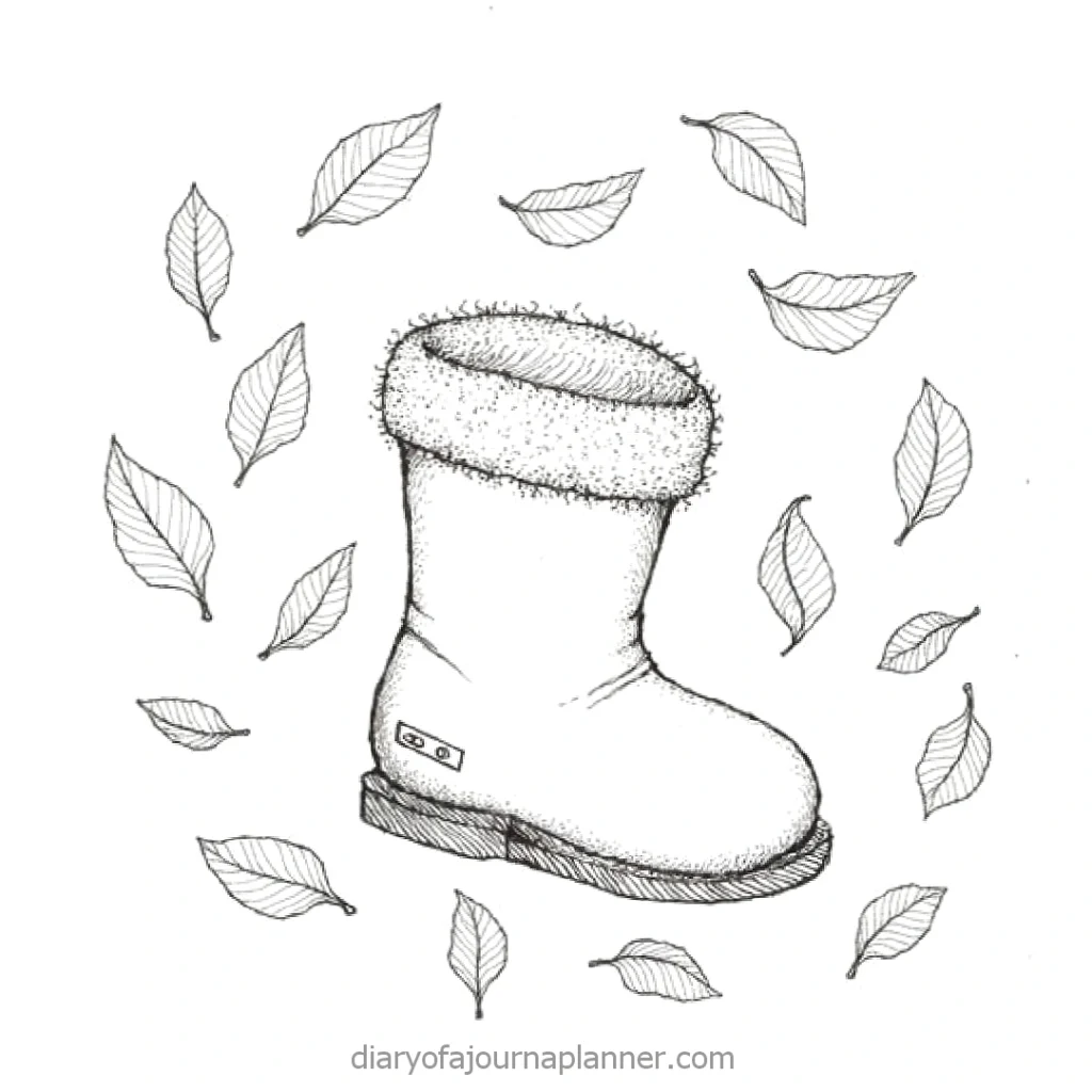 Illustrated winter boot surrounded by falling leaves, ideal for autumn and winter themes.